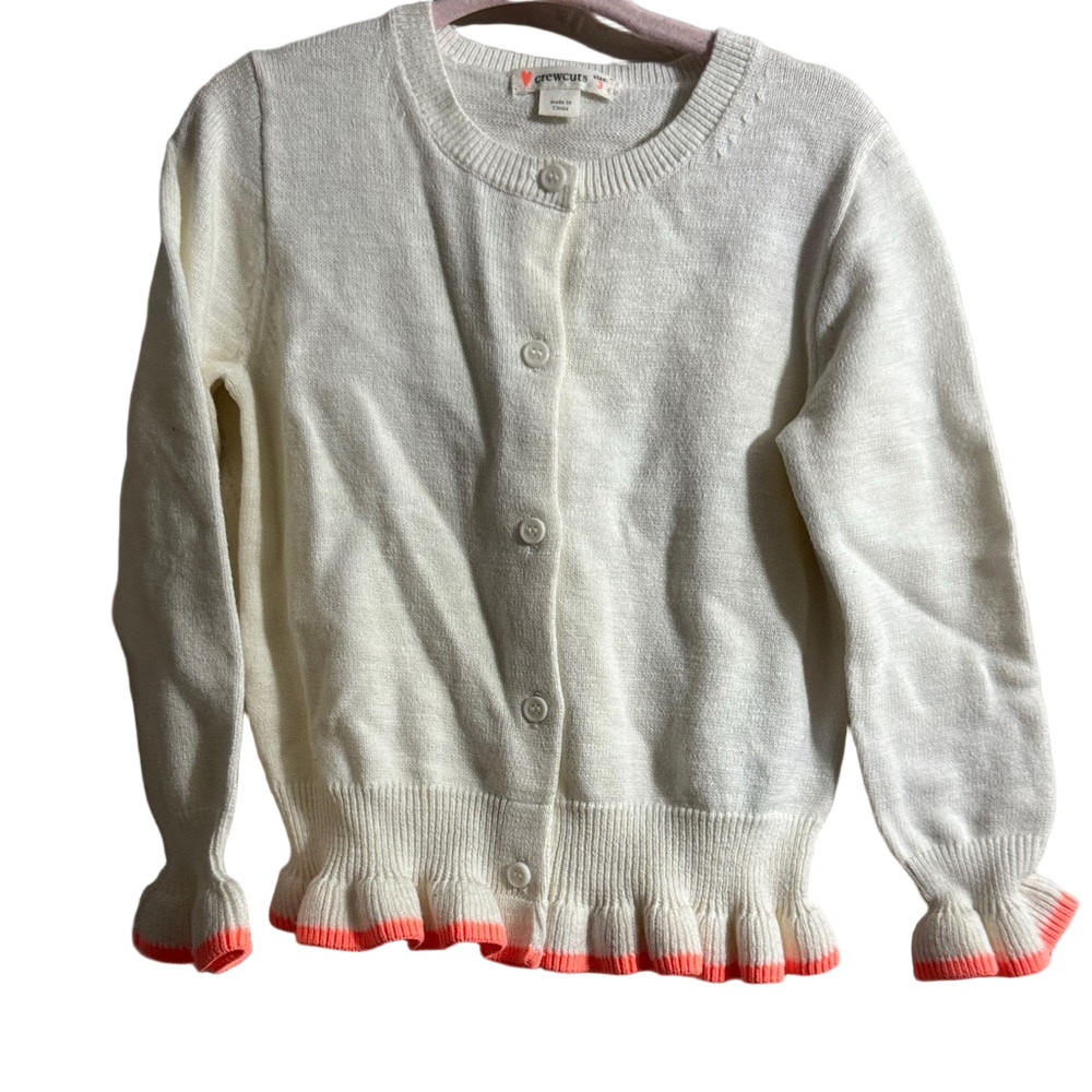 Crewcuts White Cardigan with Pink Ruffle Trim